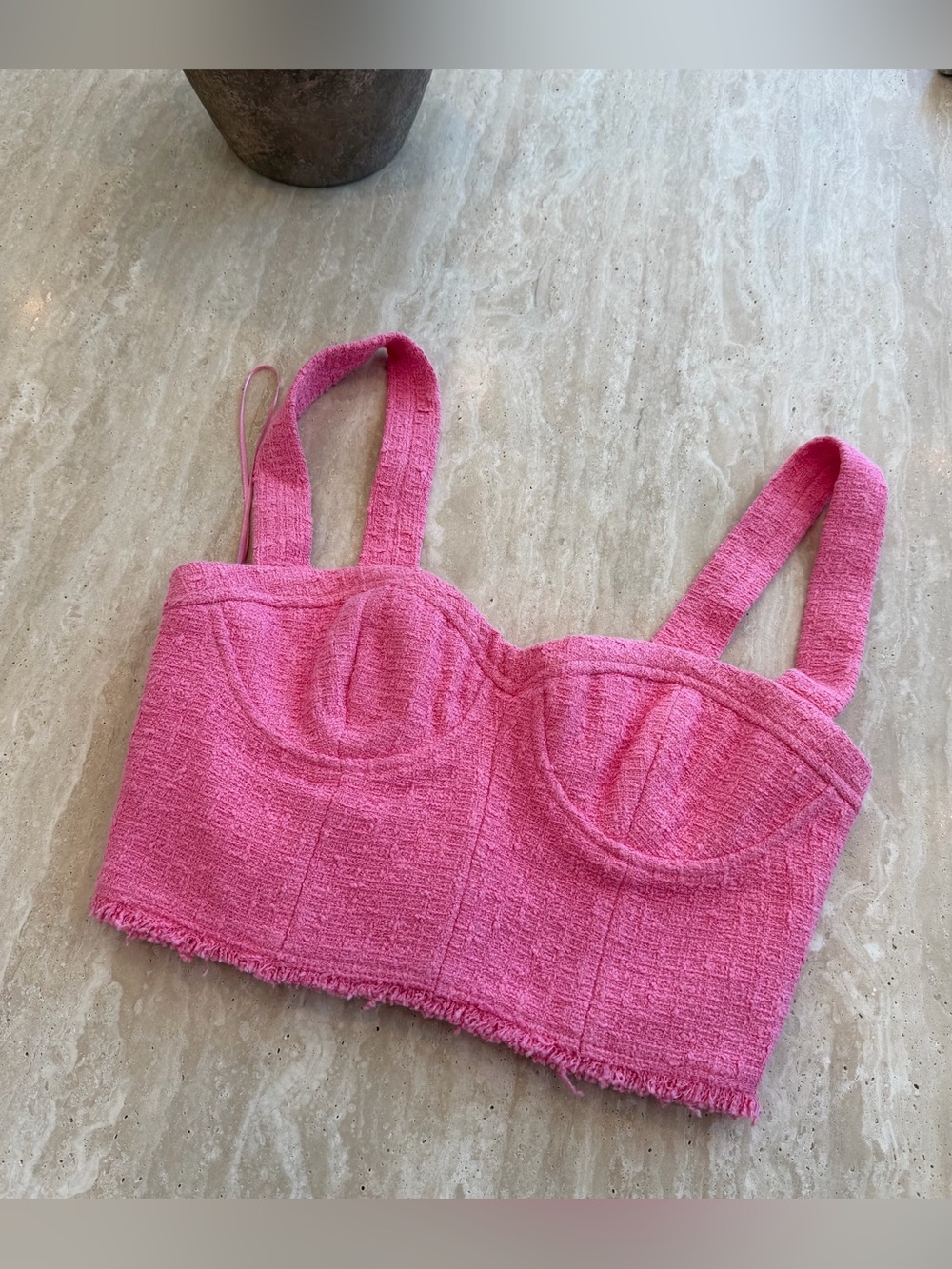Zara Hot Pink Tweed Textured Crop Top